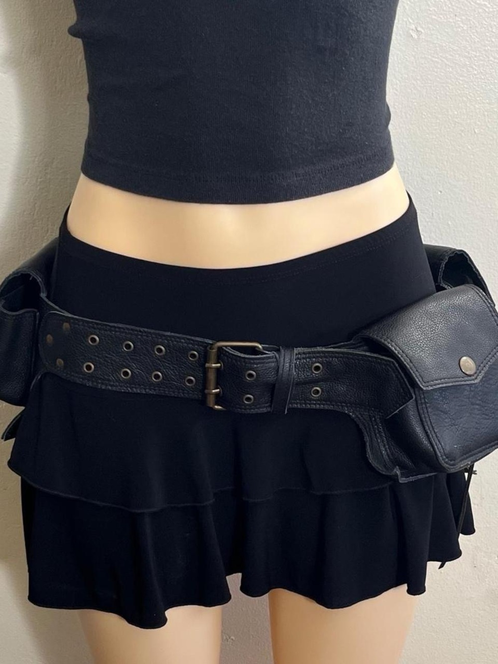 Black Leather Double Pouch Belt with Brass Buckle